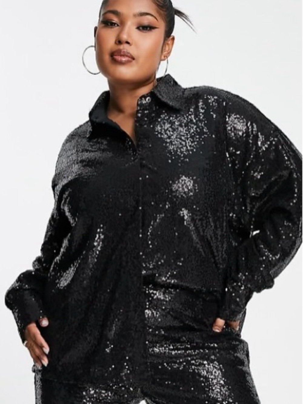 In The Style Plus sequin oversized shirt in black - part of a set